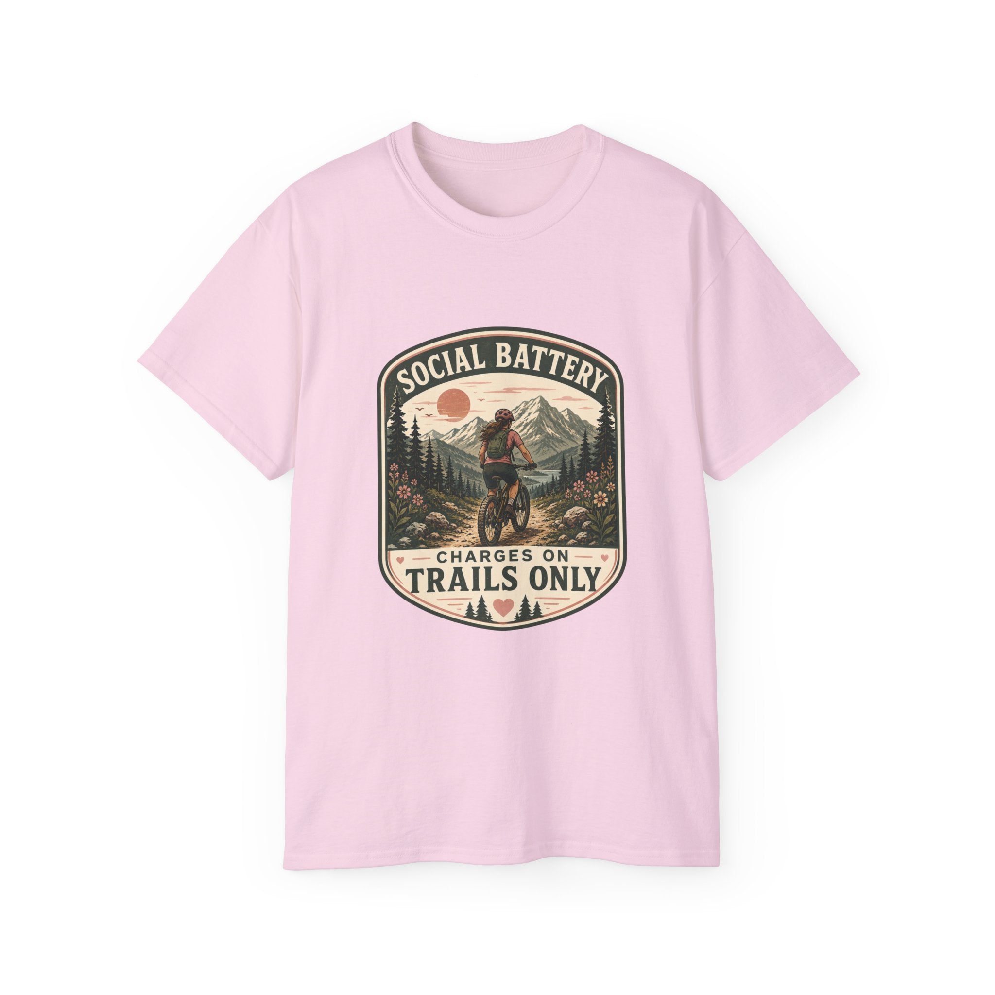 Woman’s Mountain biking T-Shirt — “Social Battery Charges On Trails Only” Outdoor Adventure Tee