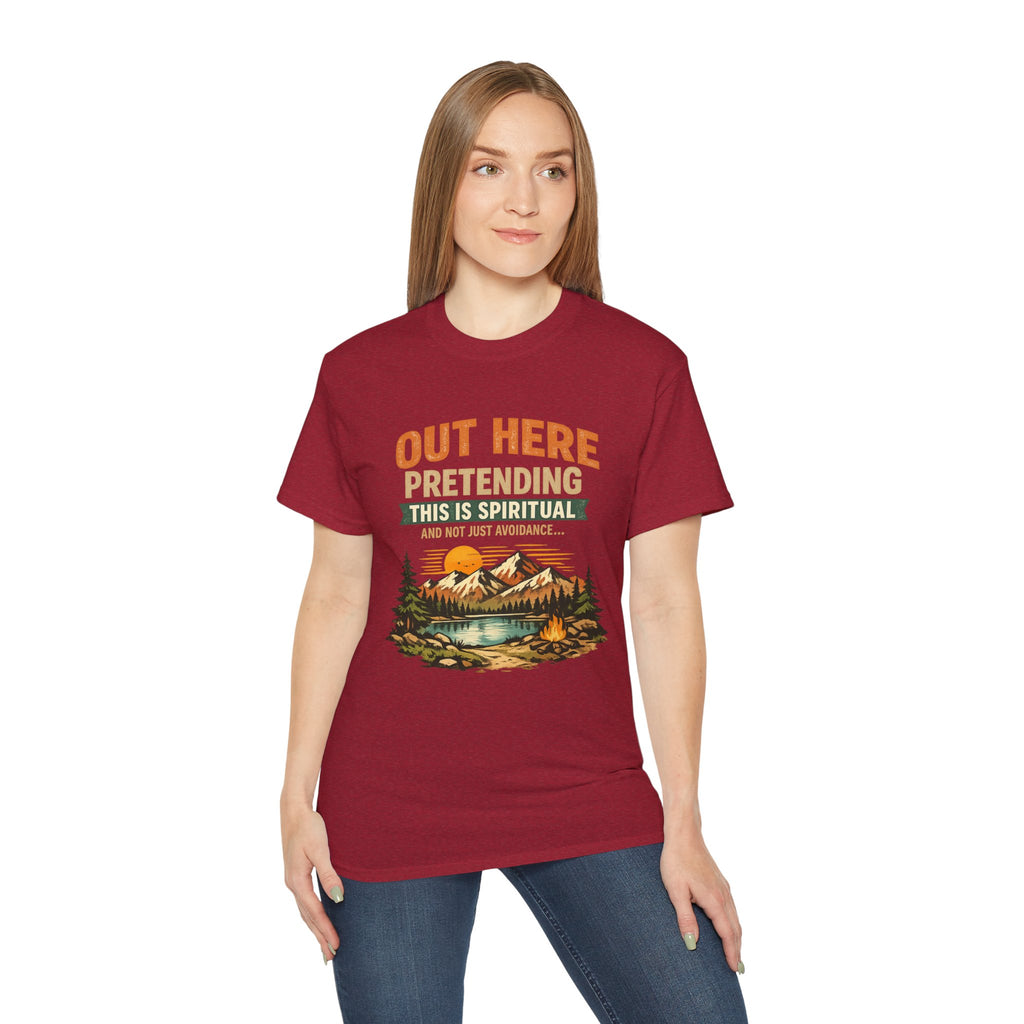 Outdoor Graphic Tee — “Out Here Pretending This Is Spiritual” Mountain Lake T‑Shirt - Because we know the truth and it's okay