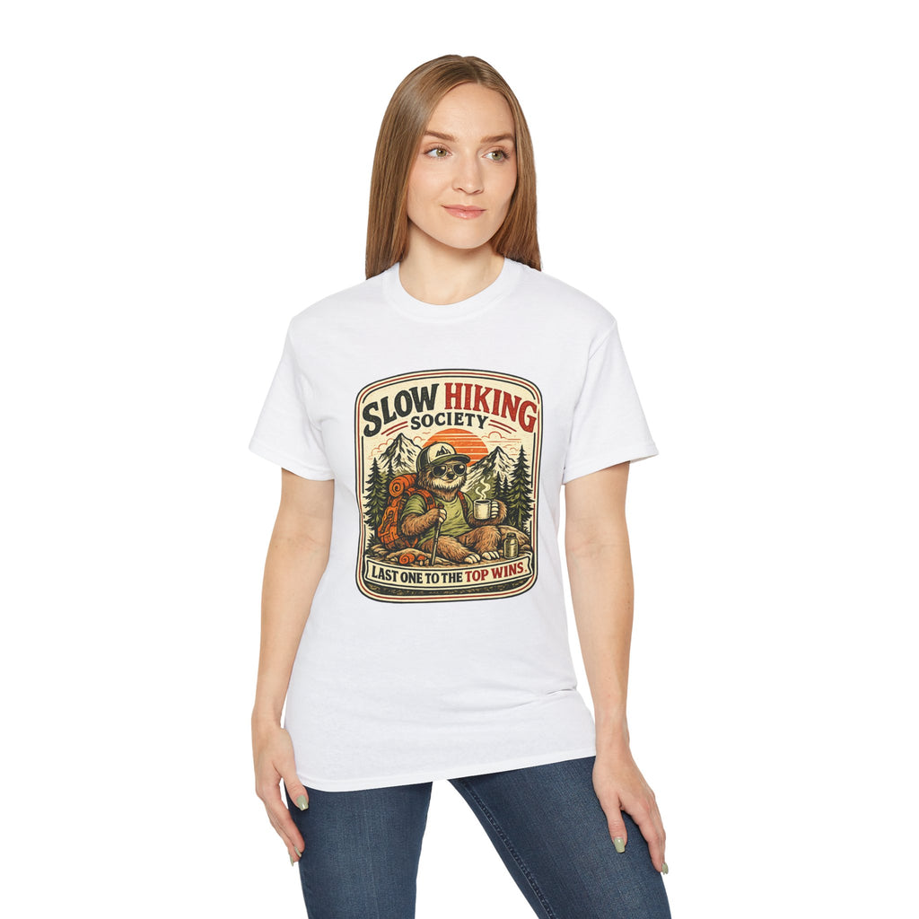 Slow Hiking Society T-Shirt — 'Last One to the Top Wins' Vintage Outdoor Tee