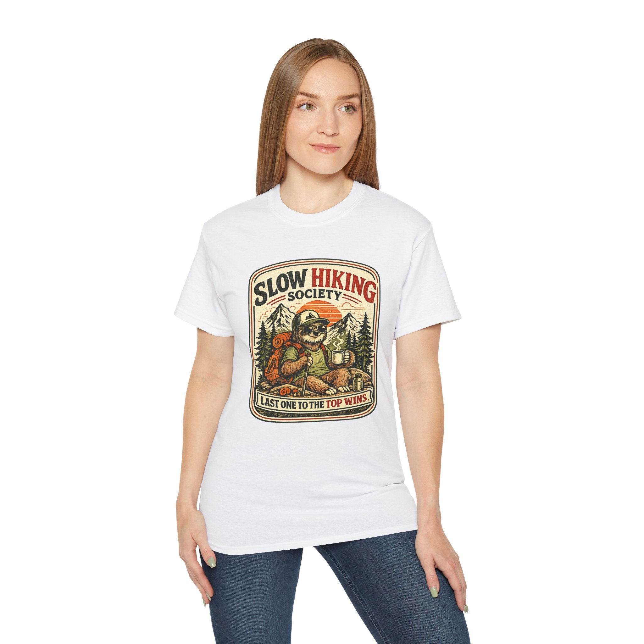 Slow Hiking Society T-Shirt — 'Last One to the Top Wins' Vintage Outdoor Tee